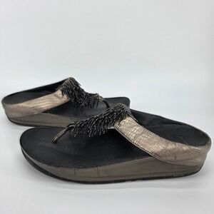 FitFlop Cha Cha Sandals 336-289 Bronze Metallic Black Beaded Fringe Flip Flops 9